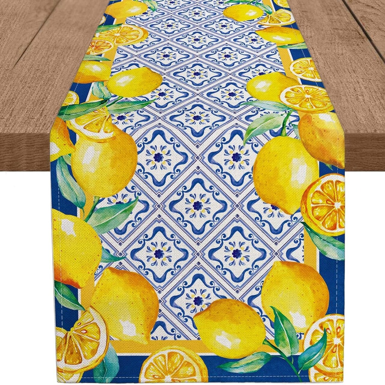 Capri Blue Lemon Table Runner – Italian Tile Pattern, Burlap Fabric, Artificial Yellow Lemon Fruit, Farmhouse Dining Table Decor, Coffee Table Centerpiece, Indoor/Outdoor Kitchen & Patio, 13x72 Inch